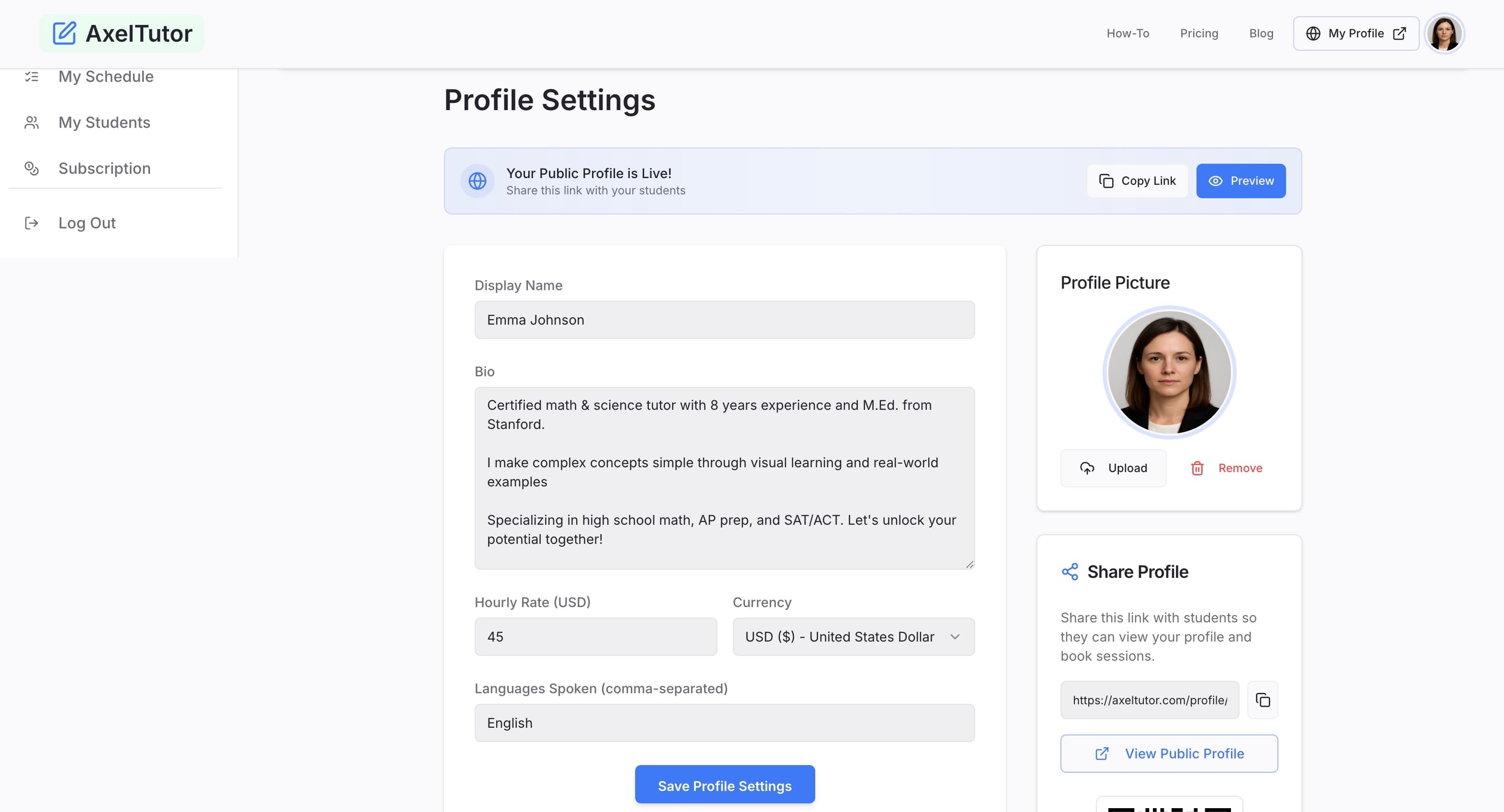 Complete profile with photo and details