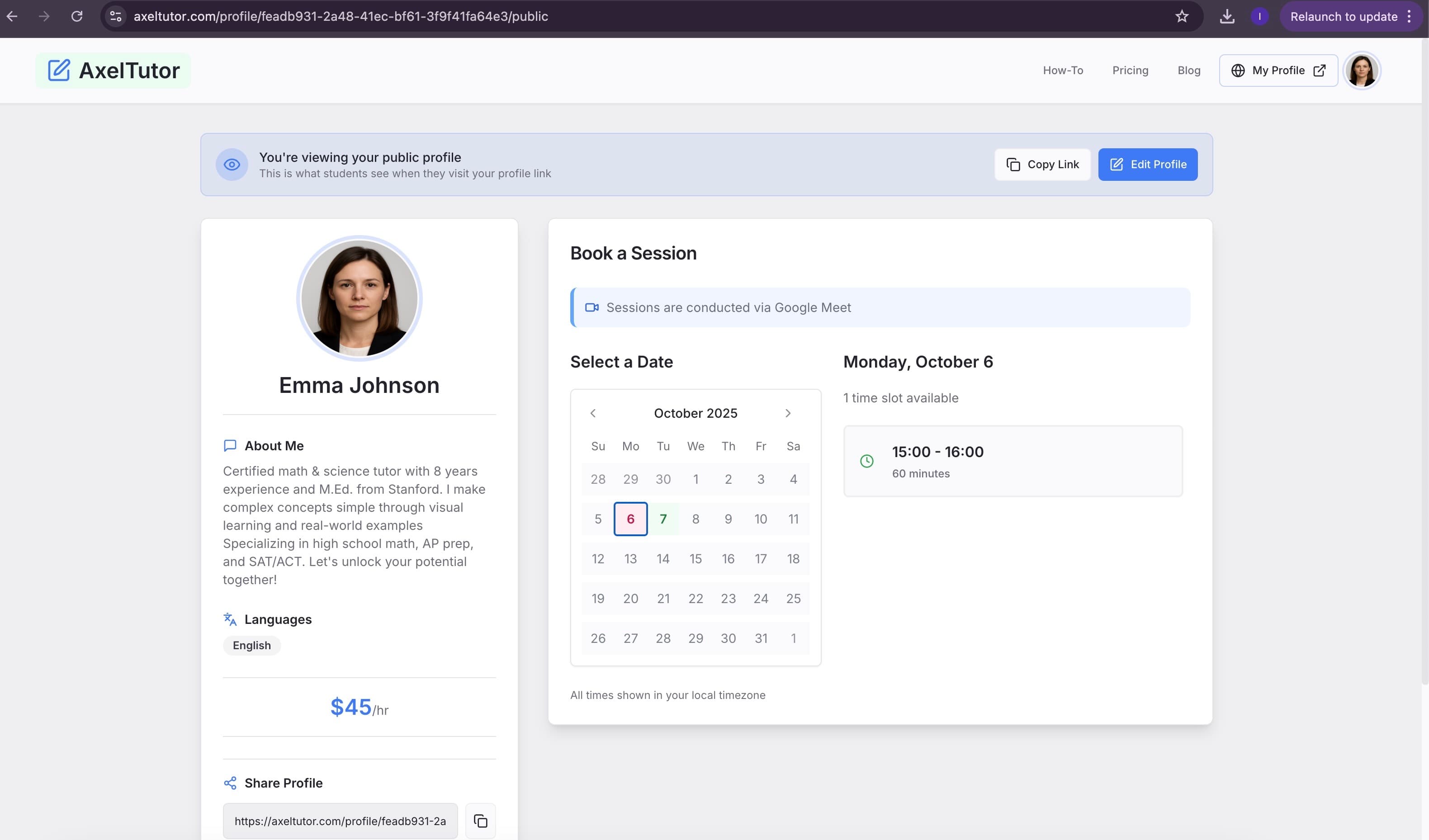 Public tutor profile view